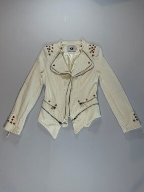Women's Ivory White Gold Studded Asymmetrical Moto Jacket Large/Small‎